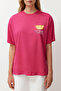 Fuşya Pembe %100 Kalın Pamuklu Sırt ve Ön Baskılı Oversize/Rahat Kesim Örme T-Shirt TWOSS24TS00233 - 5