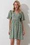 Women's Khaki V-Neck Short Sleeve Floral Patterned Skirt Flounced Woven Dress Alc-X11742 - 4