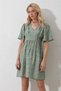 Women's Khaki V-Neck Short Sleeve Floral Patterned Skirt Flounced Woven Dress Alc-X11742 - 5
