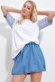 Women's White Crew Neck Stripe Garnished Oversize T-Shirt ALC-X11962 - 3