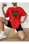 Love Heart Leopard T-Shirt - Red Printed Oversize Crew Neck Short Sleeve T-Shirt - 6