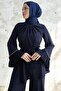 Pleated Sleeve Belted Double Set - Navy Blue - 3