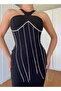 Women's Black Crepe Fabric Chain Detailed Midi Design Dress - 5