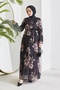 Serena Flower Pattern Pleated Chiffon Hijab Dress - Black - 3