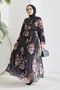Serena Flower Pattern Pleated Chiffon Hijab Dress - Black - 4