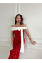 Women's Red Crepe Fabric Carmen Collar Pearl Detail Bow Accessory Design Dress - 2