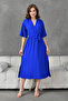 Side Slit Elastic Waist Belted Bat Sleeve Midi Length 130 cm Double Breasted Collar Cobalt Blue Dress 097