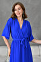 Side Slit Elastic Waist Belted Bat Sleeve Midi Length 130 cm Double Breasted Collar Cobalt Blue Dress 097 - 5
