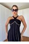 Women's Black Crepe Fabric Chain Detailed Midi Design Dress - 3