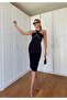 Women's Black Crepe Fabric Chain Detailed Midi Design Dress - 4