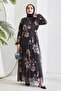 Serena Flower Pattern Pleated Chiffon Hijab Dress - Black - 5