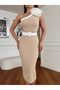 Women's Beige Crepe Fabric Lined Single Shoulder Belt Accessory Detailed Design Dress - 7