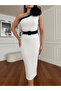 Women's White Crepe Fabric Lined Single Shoulder Belt Accessory Detailed Design Dress - 3