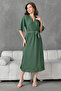 Side Slit Elastic Waist Belted Bat Sleeve Midi Length 130 cm Double Breasted Collar Khaki Dress 097 - 8