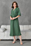 Side Slit Elastic Waist Belted Bat Sleeve Midi Length 130 cm Double Breasted Collar Khaki Dress 097 - 7