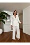 Women's White Atlas Fabric Lined Striped Belted Rose Detailed Design Bottom-Top Set - 7