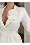 Women's White Atlas Fabric Lined Striped Belted Rose Detailed Design Bottom-Top Set - 3