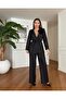 Women's Black Atlas Fabric Lined Striped Belted Rose Detailed Design Bottom-Top Set - 5