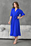 Side Slit Elastic Waist Belted Bat Sleeve Midi Length 130 cm Double Breasted Collar Cobalt Blue Dress 097 - 6