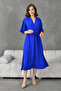 Side Slit Elastic Waist Belted Bat Sleeve Midi Length 130 cm Double Breasted Collar Cobalt Blue Dress 097 - 8