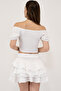 Women's White Gathered Balloon Sleeve Blouse & Quadra Frilly Skirt Set - 5