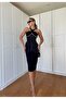 Women's Black Crepe Fabric Chain Detailed Midi Design Dress - 6