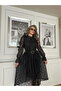 Women's Black Lace and Crepe Fabric Stone Accessory Brooch Belt Lined Maxi Design Dress - 3