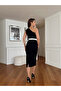 Women's Black Crepe Fabric Lined Single Shoulder Belt Accessory Detailed Design Dress - 4