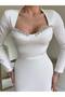 Women's White Crepe Fabric Square Collar Chest Stone Design Slit Feather Detailed Dress - 2