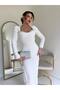 Women's White Crepe Fabric Square Collar Chest Stone Design Slit Feather Detailed Dress
