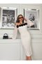 Women's White Crepe Fabric Lined Carmen Collar Sleeves Chiffon Necklace and Rose Accessory Detailed Dress - 6