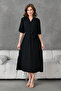 Side Slit Elastic Waist Belted Bat Sleeve Midi Length 130 cm Double Breasted Collar Black Dress 097