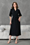 Aerobin Fabric Belted Side Slit Detailed Belted Midi Length 130 cm Double Breasted Collar Black Dress 097 - 8