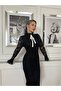 Women's Black Imported Lace Guipure Lined Brooch Bow Detail Design Dress