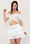 Women's White Gathered Balloon Sleeve Blouse & Quadra Frilly Skirt Set - 3
