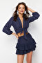 Lacivert Dokuma Bağlamalı Plaj Crop Bluz TBESS24BZ00006 - 3