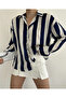 Navy Blue Striped Satin Women's Shirt - 2