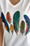 Women's White V-Neck Feather Sequin Sequin Embroidered Tassel 100% Cotton T-Shirt - 2