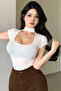 Women's White Camisole Short Sleeve Stand Collar Cut-Out Blouse - 4