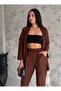 Brown Seersucker Kimono Bottom Top Set - 2