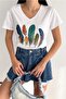 Women's White V-Neck Feather Sequin Sequin Embroidered Tassel 100% Cotton T-Shirt - 4