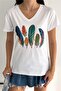 Women's White V-Neck Feather Sequin Sequin Embroidered Tassel 100% Cotton T-Shirt