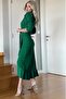 Women's Green Long Sleeve Flounced Belted Plus Size Dress - 2