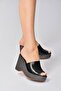Women's Black Wedge Heeled Slippers K250101509 - 4