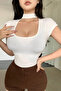 Women's White Camisole Short Sleeve Stand Collar Cut-Out Blouse - 2