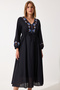Women's Black Embroidery Detailed Oversize Linen Dress RG00027 - 5