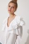 Women's White Ruffle V-Neck Cotton Design Shirt UL00021 - 4