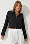 Women's Black Zippered Shirt Collar Tweed Jacket WF00069 - 4