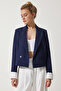 Women's Navy Blue Contrast Cuffed Short Blazer Jacket WF00070 - 2