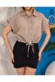 Women's Taupe color Sleeveless Lace-Up Cropped Linen Shirt